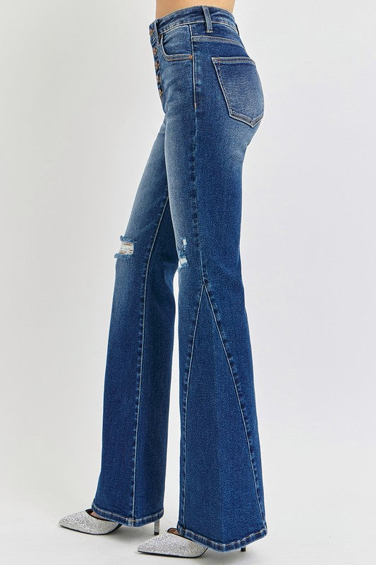 Women's Distressed Button-Fly Flare Jeans