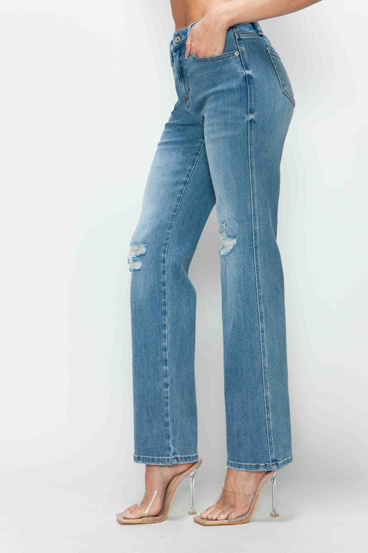 Women's Distressed High Rise Straight Leg Jeans