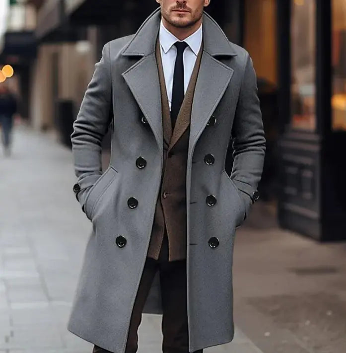 Men's Double Breasted Long Woolen Coat