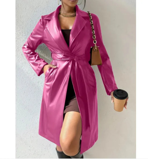 Women's Slim Fit Leather Trench Coat