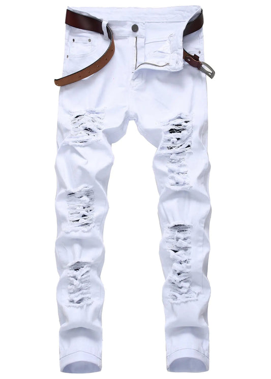 Men's White Distressed Straight Fit Jeans