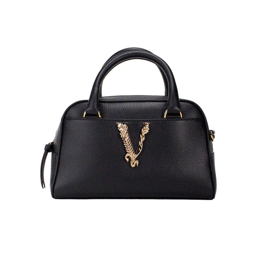 Versace Virtus Black Leather Top Handle Crossbody Handbag