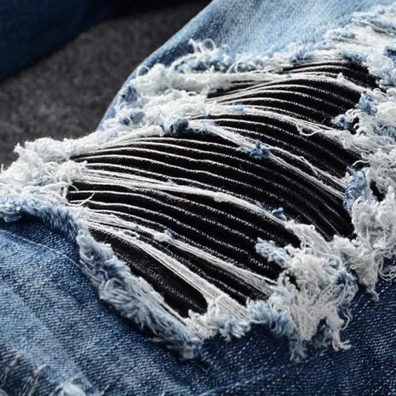 Men's Blue Black Patch Ripped Jeans