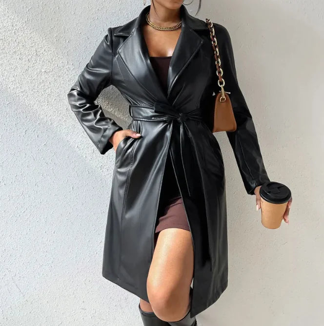 Women's Slim Fit Leather Trench Coat