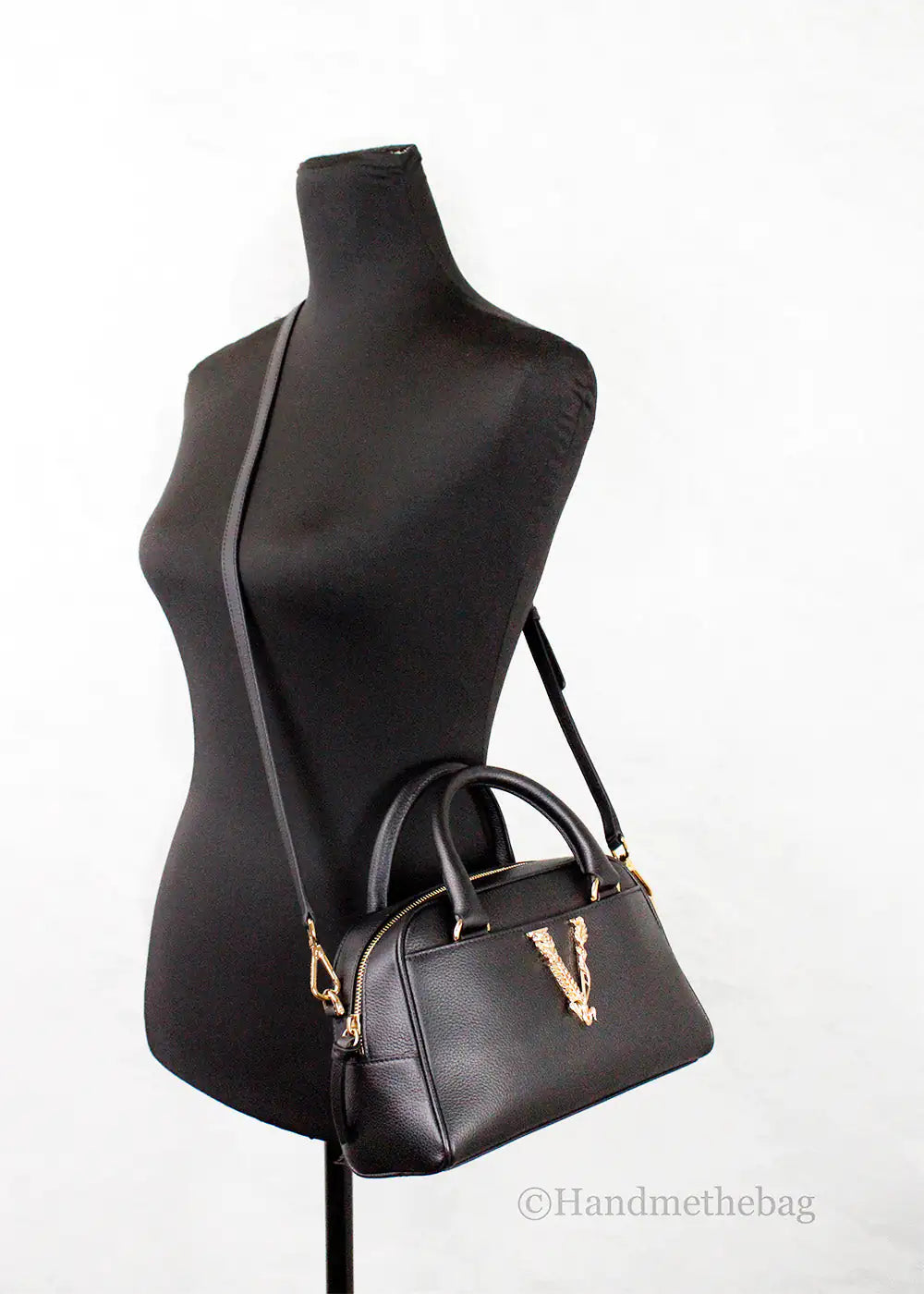 Versace Virtus Black Leather Top Handle Crossbody Handbag