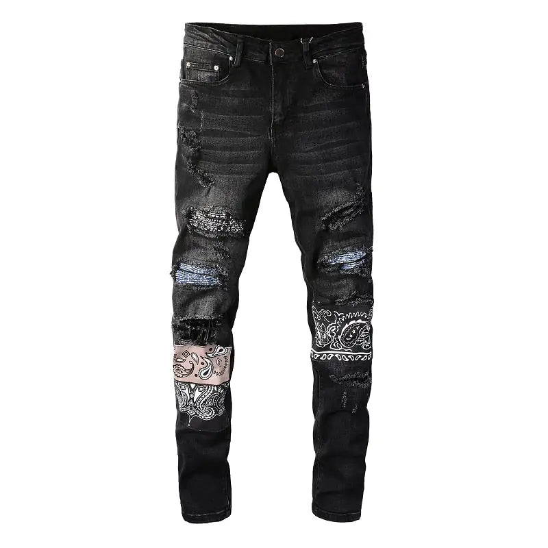 Men's Ripped Bandana Print Jeans